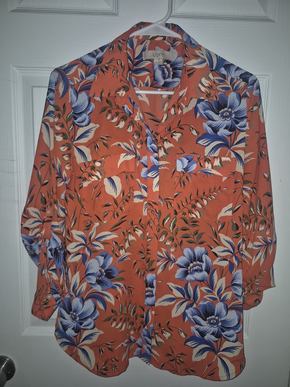 LOFT Coral Blouse with Blue and Cream Floral Print